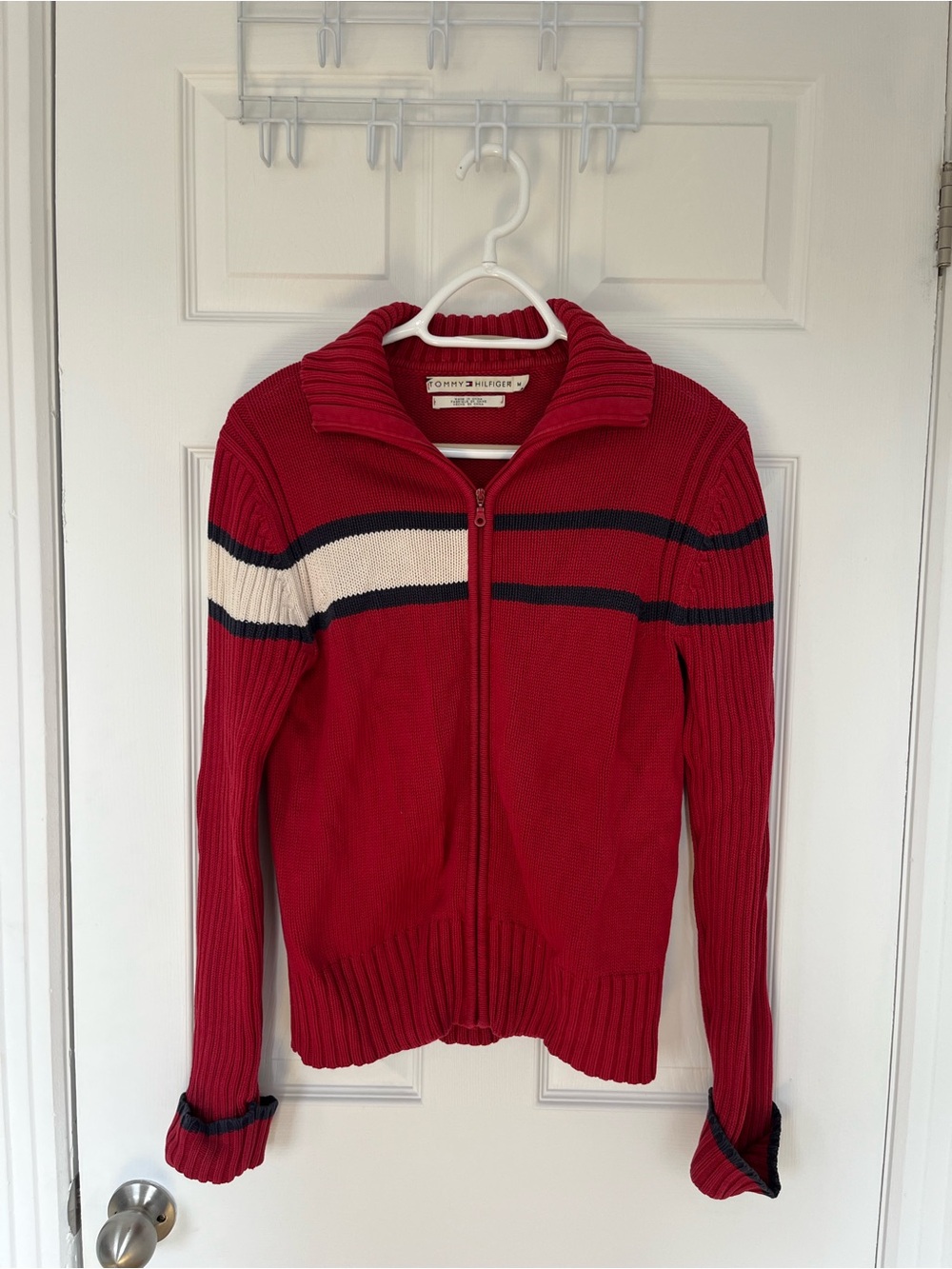 Tommy Hilfiger Red Zip-Front Ribbed Sweater